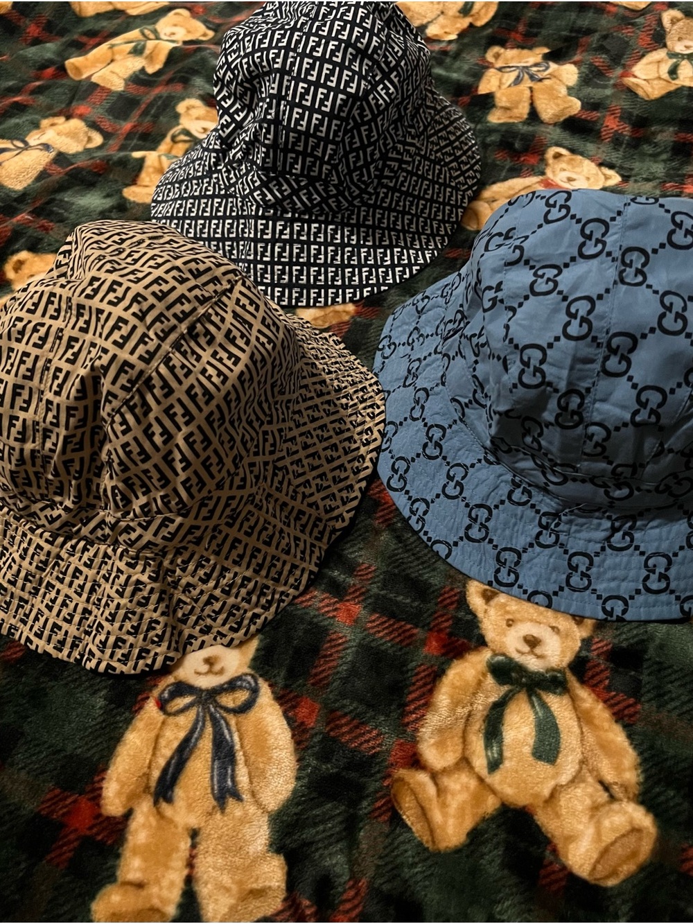 Fendi Kids' Bucket Hat Trio - Black, Tan & Blue Logos - Picture 4 of 4